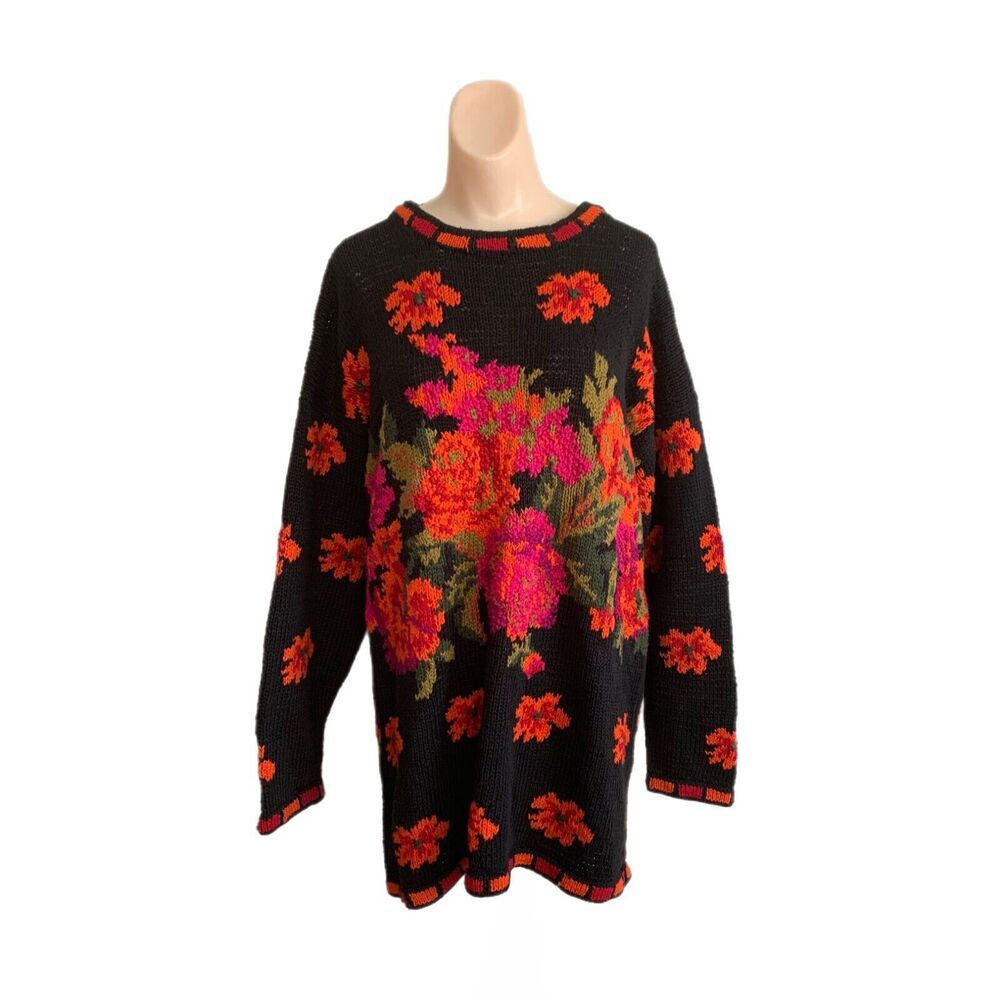 Y2K Express Womens Sweater Dress Medium Pop Art Oversized Knit 90s Floral
